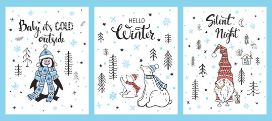 merry christmas, hello winter, silent night fun xmas time greeting cards set templates with cute cartoon penguin polar bears, gnomes, scandinavian style vector illustration