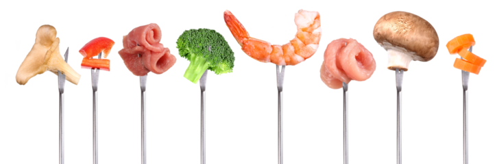 Fresh fondue ingredients on a skewer