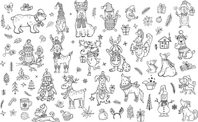 handdrawn sketchy scandinavian outline coloring book xmas animals vector illustration set