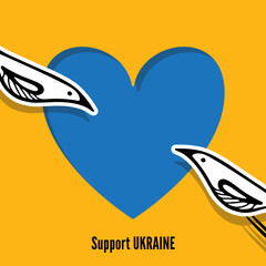Support Ukraine. Birds with heart. Ukrainian flag colors. Vector illustration. Colorful design.