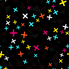Texture with plus signs, multiplication, triangles on a black background. Vector seamless pattern in memphis style. Bright creative texture with geometric shapes in the style of the 80-90s