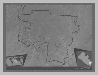 River Gee, Liberia. Grayscale. Labelled points of cities