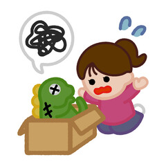 クレヨンタッチのイラスト / 壊れたおもちゃを見つめる女性