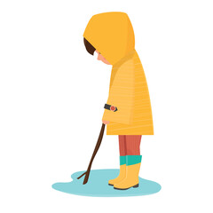 A boy in a yellow raincoat and rubber boots. A puddle after the rain. The boy is playing. Autumn. Cartoon style. Isolated vector image