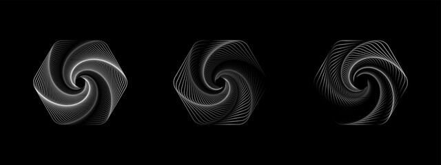 Set of 3D twisted black spirals. Geometry tunnel with lines. Abstract technology hexagon. Vector illustration.