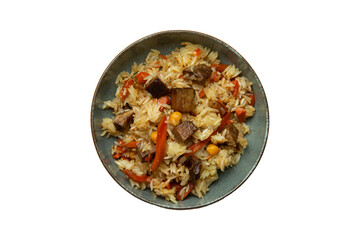 A traditional dish of rice and meat. Pilaf. in a plate. Isolated on white. View from above. transparent