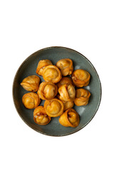 Obraz premium Fried dumplings in a bowl. Isolated on white. View from above. transparent