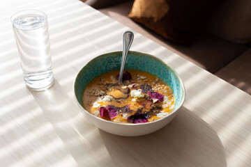 Traditional food of Dagestan (Russia) Kurch – dried apricot pudding restaurant served