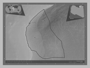 Benghazi, Libya. Grayscale. Labelled points of cities