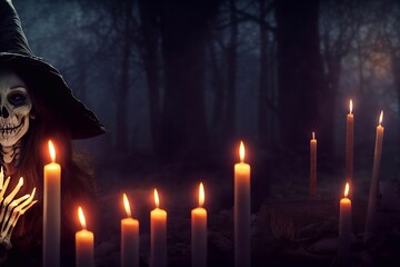 Computer generated 3D illustration of a Halloween witch figure with skeletal features surrounded by candles against a dark gloomy background. A.I. generated art.
