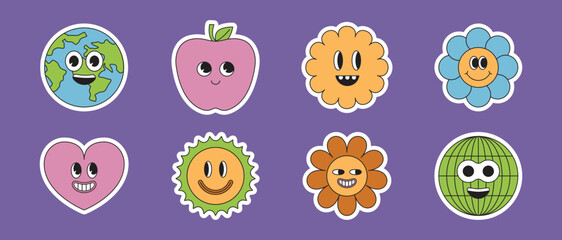 Vector illustration in simple naive and hippie groovy style - flowers with hands and legs with smiling face, positive vibes print