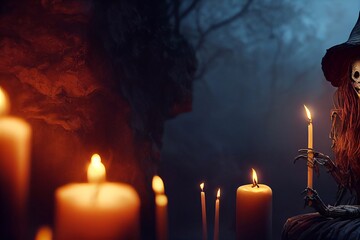 Computer generated 3D illustration of a Halloween witch figure with skeletal features surrounded by candles against a dark gloomy background. A.I. generated art.
