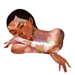 Woman covered by flowery tattoos, laying down, folding arms, sleeping pose, digital illustration, transarent background