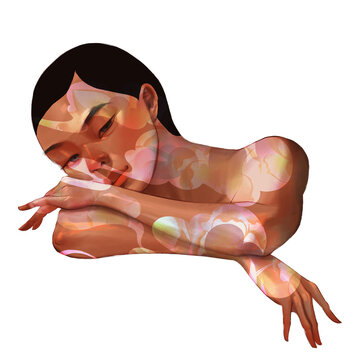 Woman covered by flowery tattoos, laying down, folding arms, sleeping pose, digital illustration, transarent background