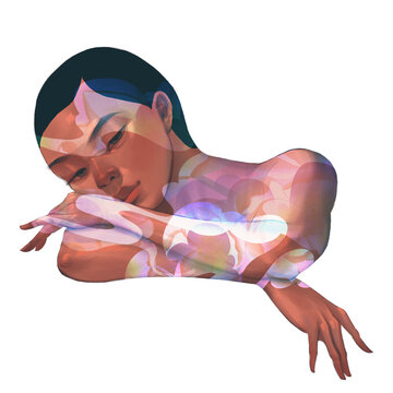 Woman covered by flowery tattoos, laying down, folding arms, sleeping pose, digital illustration, transarent background