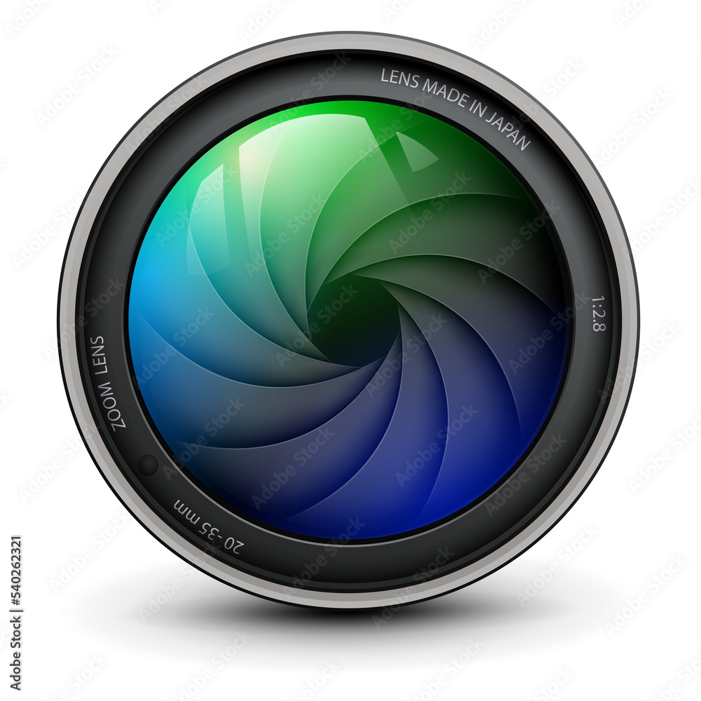 Poster camera photo lens with shutter inside technology icon.