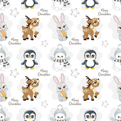 Cute seamless pattern with Christmas reindeer bunny and penguin vector illustration