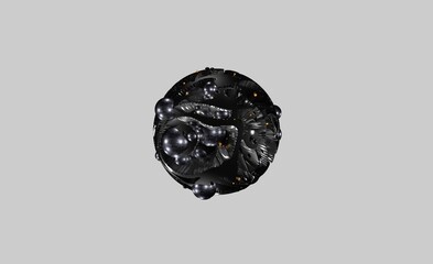 Black sphere. A complex structure of folds and small steps. Metal texture. Cosmic or fantastic object. Decorative element. - 540262384