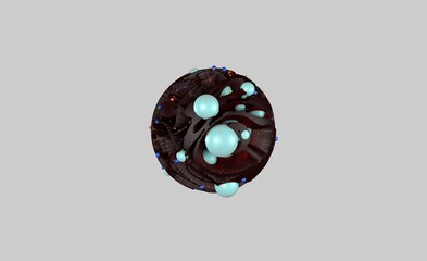 3d render. Brown round decorative abstract sphere with a complex texture and small blue and orange balls interspersed. Space stone or fantasy flora. - 540262393