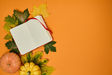 Halloween background concept. Notebook withleafs and pumpkin on orange background