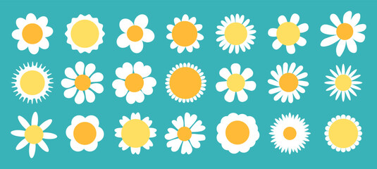 Chamomile set. White chamomile icon isolated. Cute daisy cartoon flowers, round floral plant collection. Symbol of love. Kids logo with daisies flat design concept vector illustration.