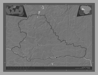 Taurages, Lithuania. Bilevel. Labelled points of cities