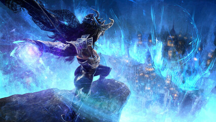 An incredibly powerful sorceress in a leather suit with plate armor in a horned sinister crown destroys a fantasy city with blue magic with one gesture, cutting the earth like a knife 3d rendering © warmtail