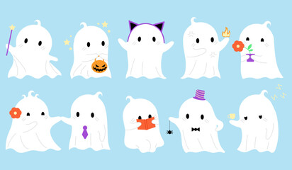 Flat ghost collection for decorative design. Halloween vector set. Cartton style. Funny illustration for print, web, media and other proposes.