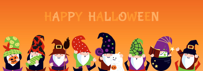 Funny vector cartoon gnome banner design. Halloween celebration. Cute characters with different costumes in a raw. October party decoration.