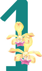 Custom hand drawn vanda orchids alphabet number 1