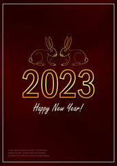 Greeting card with linear rabbits as a symbol of 2023 New Year. Two bunnies as Chinese traditional horoscope sign on bright red gradient background. A4 poster in continuous line art style