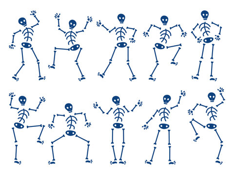 Set with skeletons in different poses for print design, web, sticker, media, posters. Halloween vector funny set. Monochrome isolated.