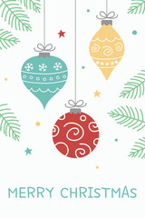 Hanging Christmas balls. Greeting card with wishes. Vector illustration