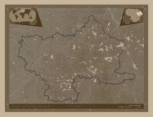 Utenos, Lithuania. Sepia. Labelled points of cities