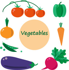 Set of vegetables: tomato, onion, pepper, carrot, pea, eggplant, beet.