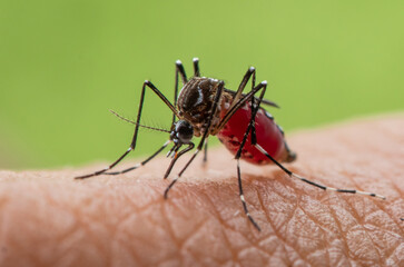 Aedes aegypti or yellow fever mosquito sucking blood on skin,Macro close up show markings on its legs and a marking in the form of a lyre on the upper surface of its thorax