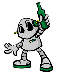 Cartoon illustration of Robot showing a bottle, best for sticker, logo, and mascot for drink products