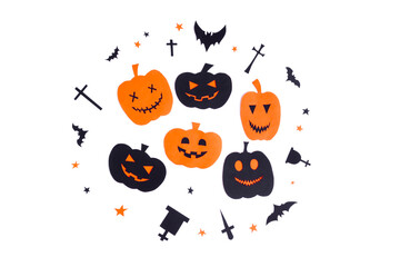 Happy halloween, pumpkin smile, ghost ,christian cross and grave made from black paper cut on white background, Decorative Halloween concept	