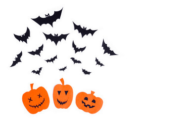 Happy halloween pumpkin smile and bats make from black paper cut on white background, Decorative...