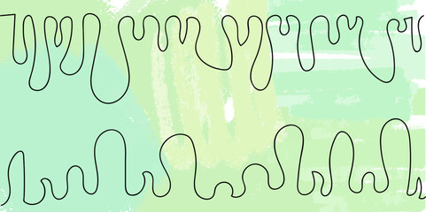 A pattern of sinuous lines drawn by hand against a background of multicolored green paint spots. Vector image.