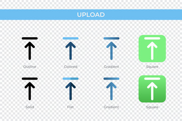 Upload icon in different style. Upload vector icons designed in outline, solid, colored, gradient, and flat style. Symbol, logo illustration. Vector illustration