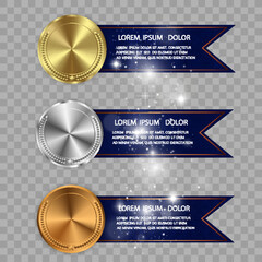 	
Set of gold, bronze and silver. Award medals isolated on transparent background. Vector illustration of winner concept.	