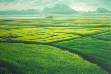 Fototapeta premium Green field, tree and blue sky. Great as a background,web banner.