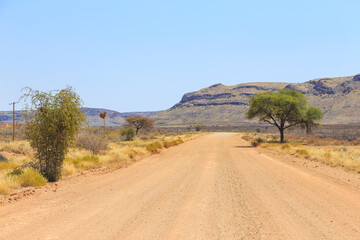 Namibian landscape along the gravel road. Khomas, Namibia.