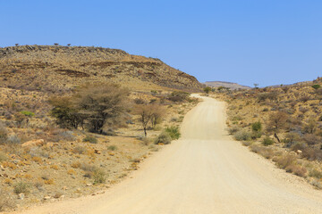 Namibian landscape along the gravel road. Khomas, Namibia.