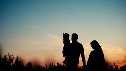 Fototapeta na wymiar Silhouette of a happy family holding hands. The concept of dreaming. Big family on vacation
