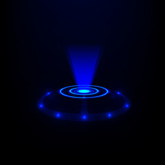 podium futuristic visualization projector design with a blue neon light technology communication background. circle ring shines a hologram digital bright power signal abstract vector design.