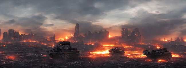 Fototapeta premium Post apocalypse. Nuclear apocalypse survivor. Ruined Cityscape. Concept. Banner size. Header
