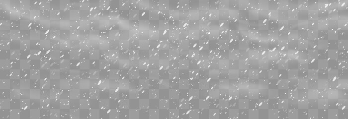 Christmas snow. Falling snowflakes on png background. Vector heavy snowfall. White snowflakes flying in the air. Snow flakes, snow and blizzard. Vector illustration isolated on transparent.