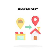 Home Delivery flat icon, with Restaurant, Home and Pointer Vector Illustration for Graphic Design Element. Isolated on white background
